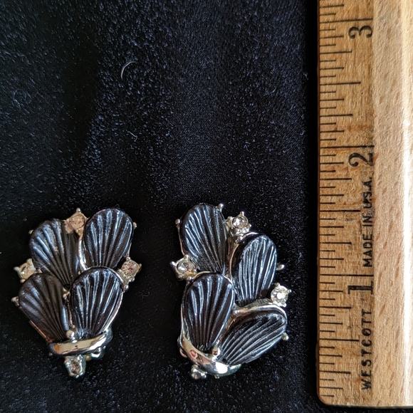 Vintage Clip-On Earrings, Black with Clear Stones/Silver Tone - Picture 2 of 5